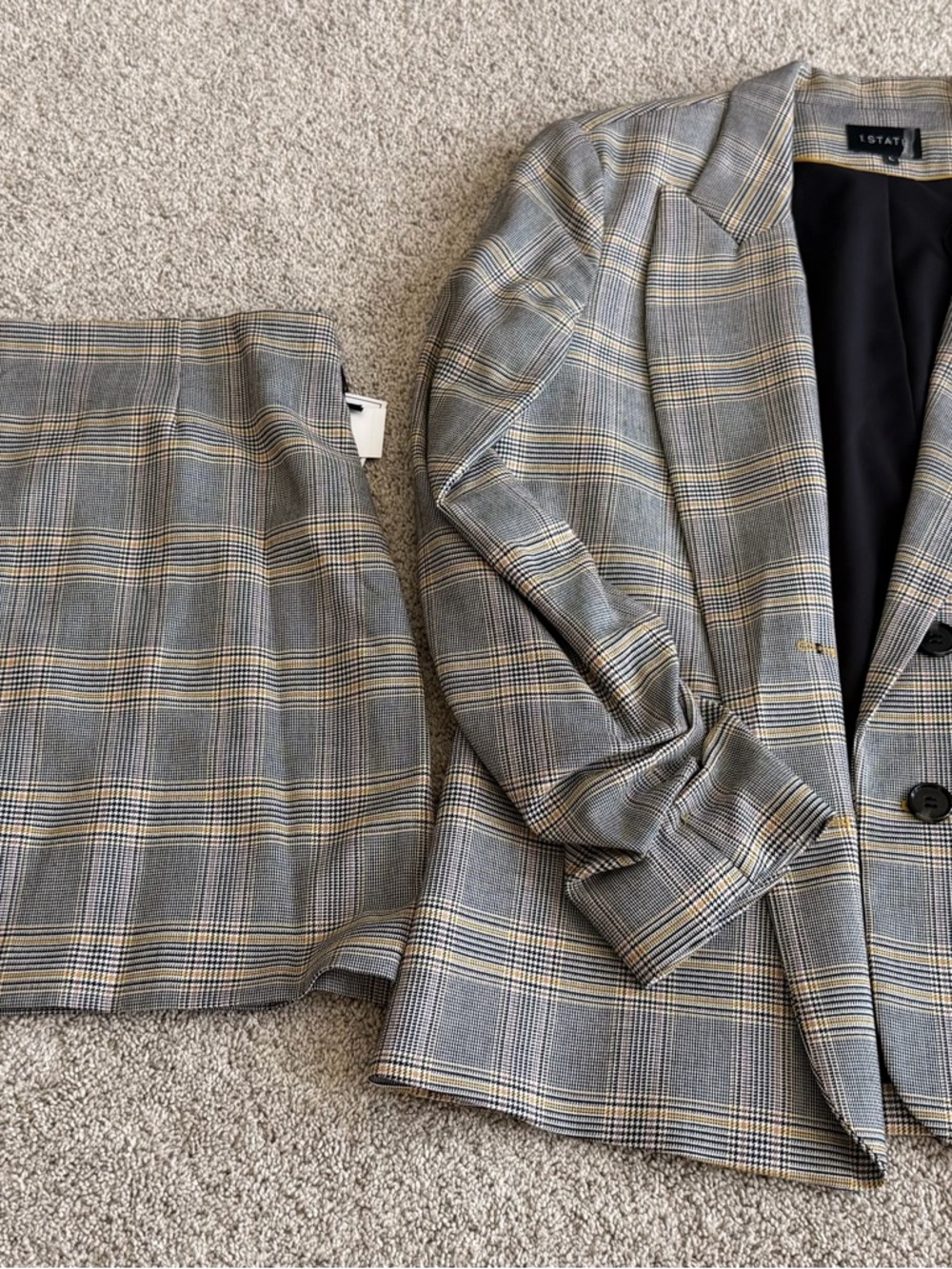 1.STATE Plaid Blazer and Skirt Set in Gray and Tan